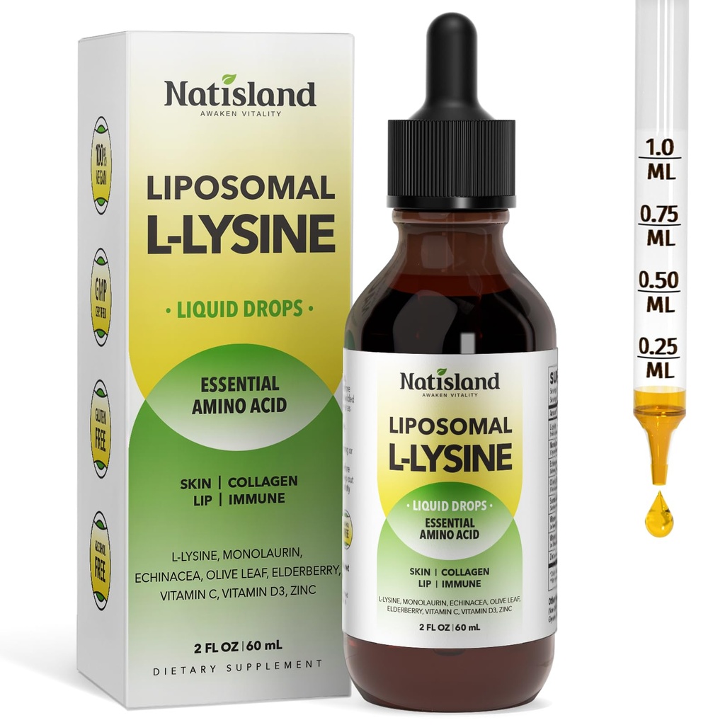 Liposomal L-lysine Monolaurin Liquid Drops, Lysine 1000MG Supplement for Adults & Kids, Echinacea & Elderberry with Vitamin C & D3, Zinc, for Lip & Skin Health, Collagen & Immune Support, 2 Fl Oz