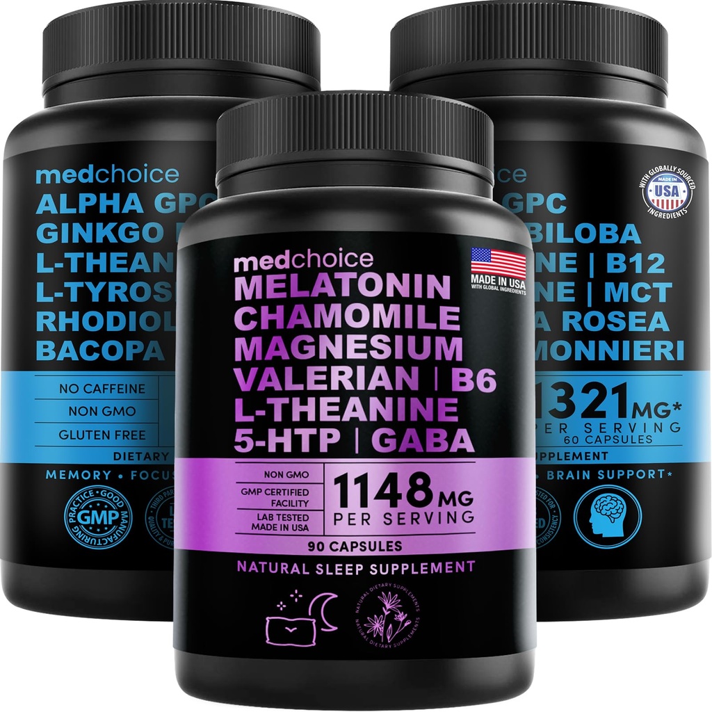 MEDCHOICE Sleep Melatonin (90ct) and Nootropic Brain (120ct) Supplement Bundle - Wellness Duo for Sleep, Brain, Focus, & Mood Support - Vegan, Non-GMO, Gluten-Free