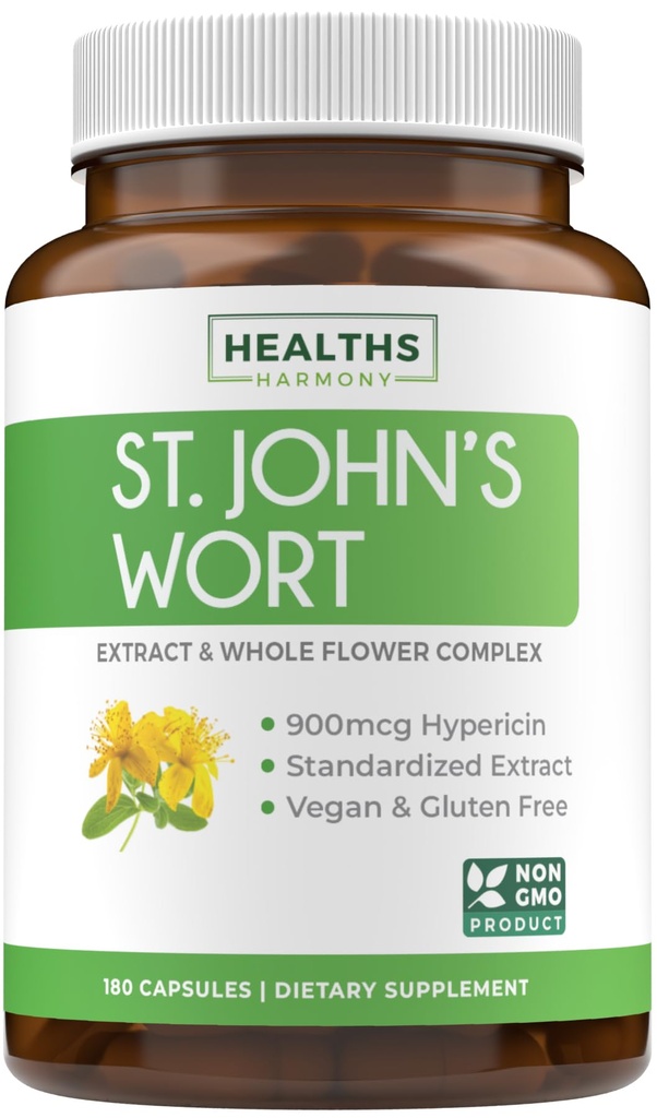 St John's Wort Capsules - Potente &amp; Potente Extracto Wort de San Juan &amp; Complejo entero Herb Estándarizado a 900mcg Hypericin para equilibrar el soporte diario del humor - Vegan Non-GMO & Lab Verified (180 caps)