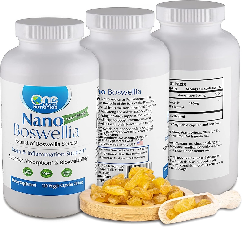 One Planet Nutrition Nano Boswellia 250 mg Veggie Capsules (120 Servings), Boswellia serrata Resin, apoya la función cognitiva para la salud cerebral, no GMO, Vegan, Gluten-Free