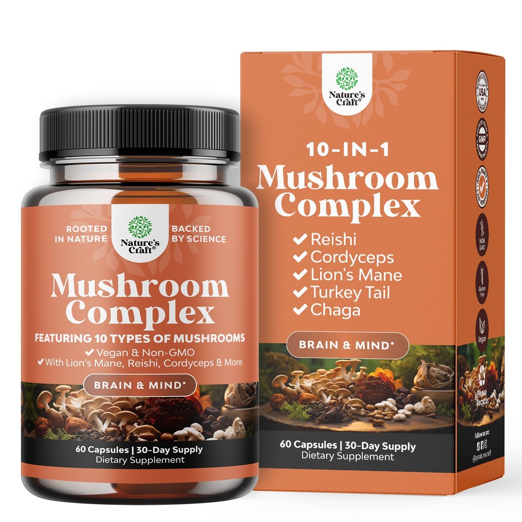 Complejo avanzado de setas cápsulas - 10X Lions Mane suplemento cápsulas con Reishi, Chaga, Maitake " Shiitake para la memoria de salud cerebral " Focus - Nootropic for Mental Clarity - 60 caps