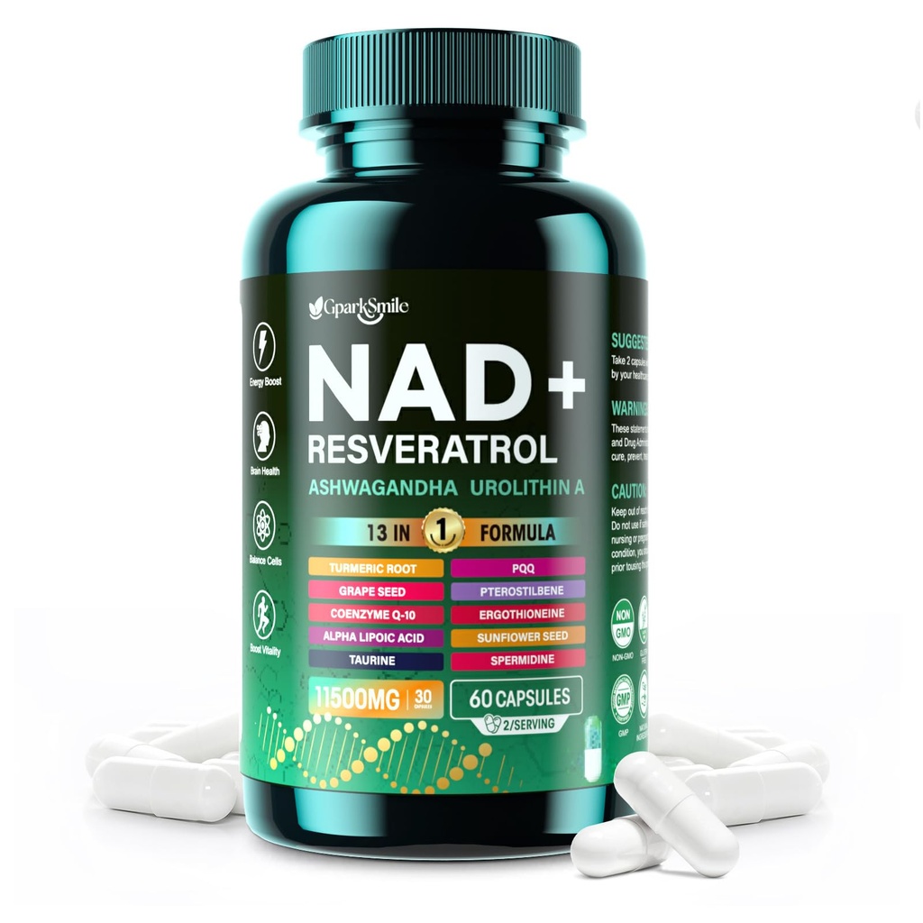 NAD Supplement - NAD Supplements for Women & Men - Liposomal NAD+ Resveratrol Complex with Urolithin A, CoQ10 - Boosts NAD+ Levels, Cellular Energy & Healthy Skin -60 Capsule (1-Pack)