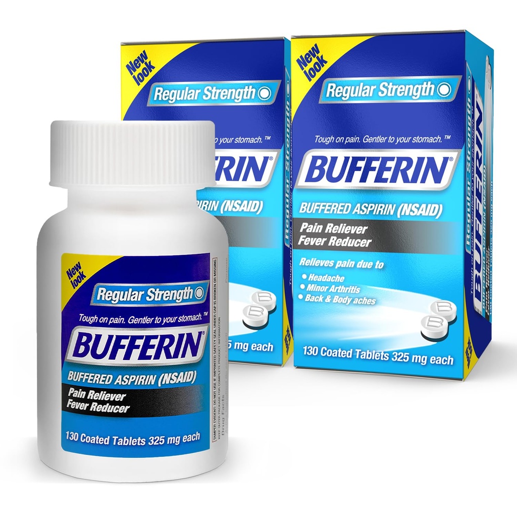 Bufferin Aspirin 325mg, Pain Reliever & Fever Reducer, with 3 Buffering Agents Relieves 7 Types of Pain: Headaches, Back Ache, Arthritis, Muscle Aches & More, for Adults, 130 Coated Tablets, 2-Pack