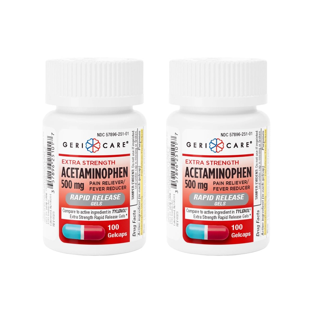 GeriCare Extra Strength Acetaminophen 500mg, Rapid Release & Absorbing Gelcaps, Fast-Acting Body Pain Relief, Reduces Fever, Headache, Muscle, and Joint Discomfort, 100 Count Bottle (Pack of 2)