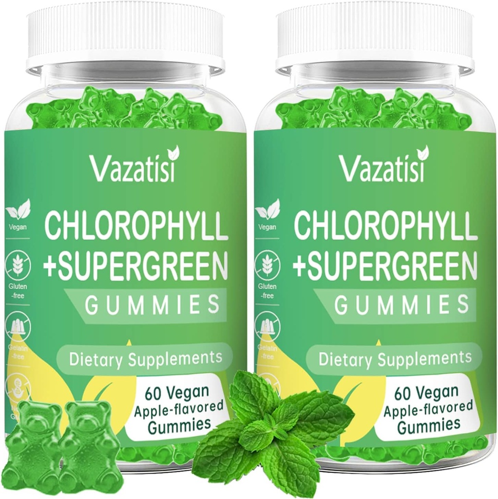 2 Pack Chlorophyll Gummies with Organic Supergreens, Natural Antioxidant, Energy Boost, Immune Support, Digestion, Skin Care, Women & Men, Adult & Kid - 120 Vegan Organic Gummies