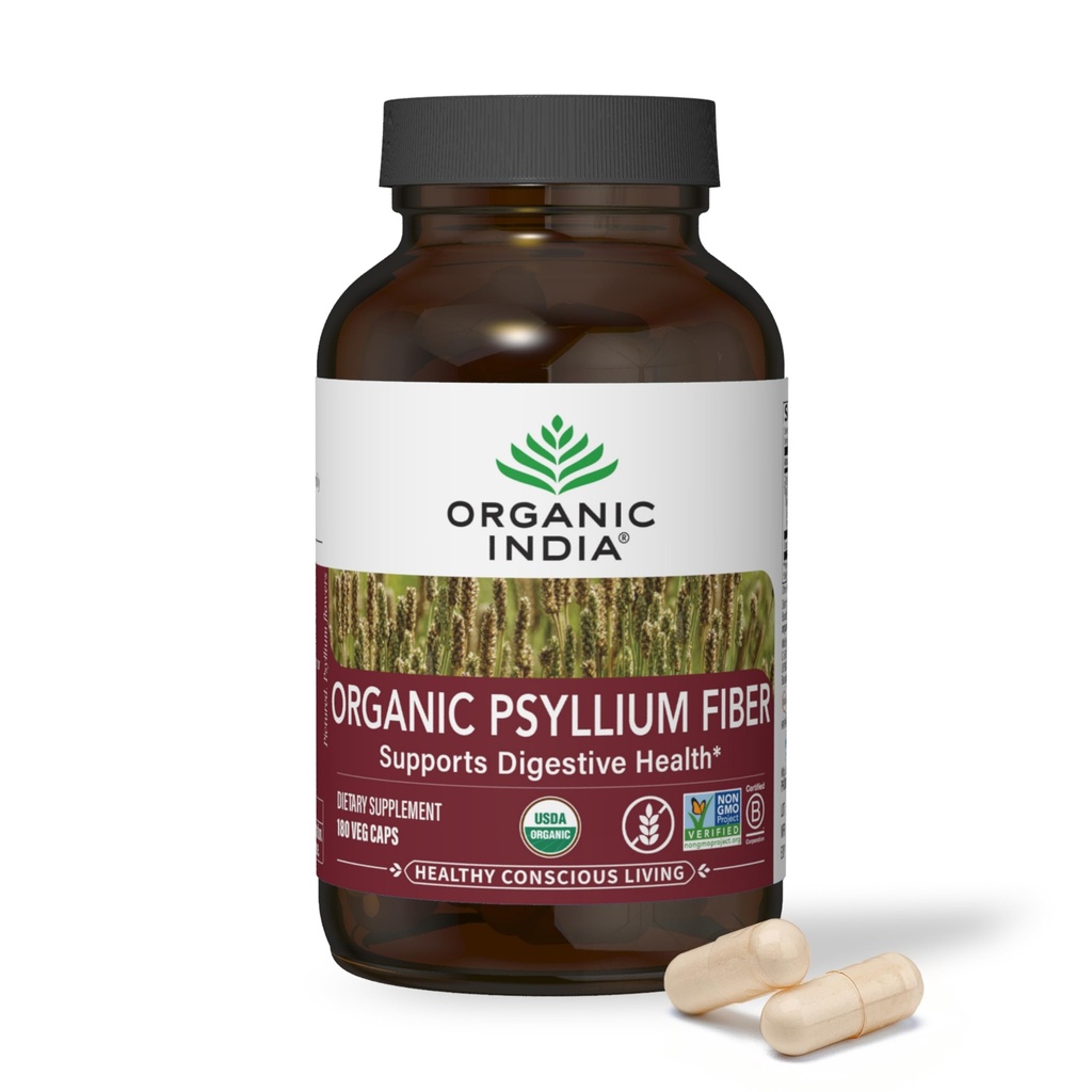 ORGANIC INDIA Psyllium Herbal Powder - Whole Husk Fiber, Healthy Elimination, Keto Friendly, Vegan, Gluten-Free, USDA Certified Organic, Non-GMO, Soluble & Insoluble Fiber - 180 Capsules (Pack of 2)