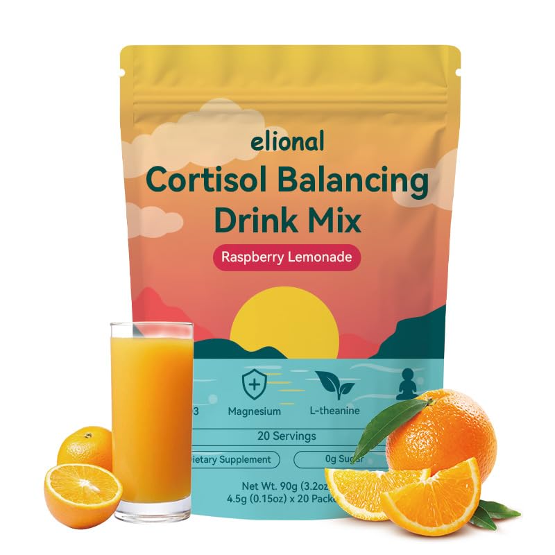 Cortisol Drink Mix for Mental Clarity & Digestive Comfort – Ashwagandha + L-Theanine Powder – Raspberry Lemonade Flavor – 20 Single-Serve Packets (Raspberry Lemonade)