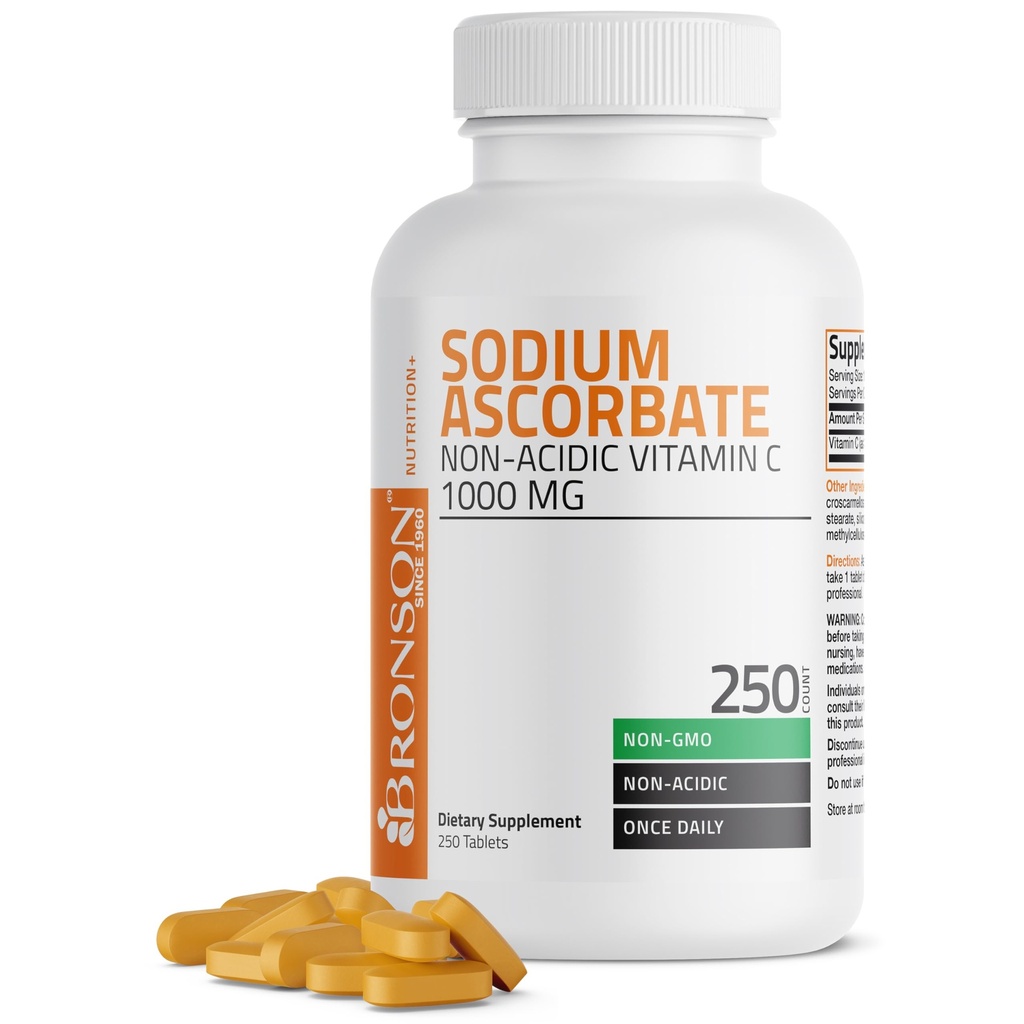 Bronson Sodium Ascorbate Non Acidic Vitamin C 1000 Mg Tablets - Gentle On The Stomach - Immune System Booster - Powerful Antioxidant - Non GMO Vitamin C Suplemento, 250 Conde