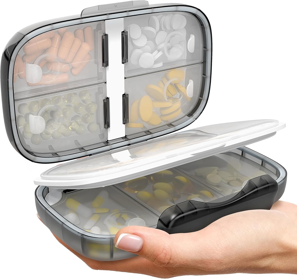 Organizador de píldoras de viaje - Airtight Medicine Case for Traveling Portable Pharmacy Box with Labels Vitamin Container 8 Compartment Supplement Medication Holder Large Capacity Daily (Black-2)