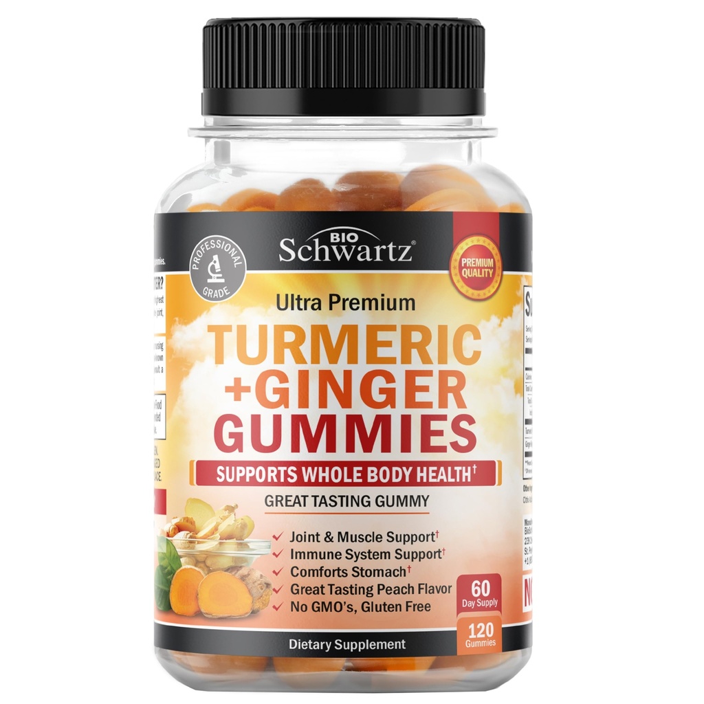 Turmeric Curcumin with Ginger Gummies - Natural Extra Strength Joint Support Supplement, Delicious Peach Flavor Ultra High Absorption Turmeric Supplement Non-GMO, Gluten Free 120 Count