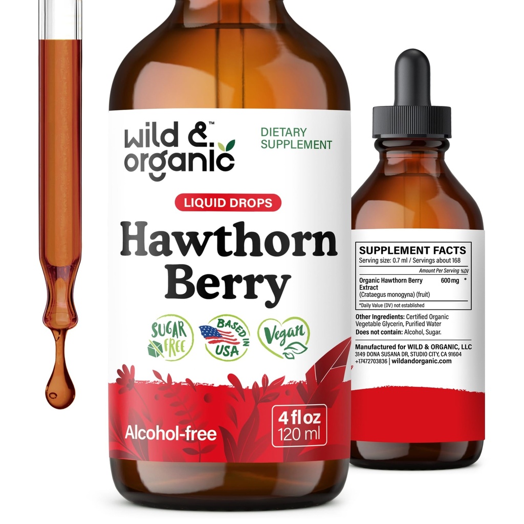 Wild & Organic Hawthorn Berry Tincture 600 mg - Liquid Hawthorne Berry Supplement for Overall Support - Vegan, Sugar & Alcohol-Free Fruit Extract Drops - 4 fl oz