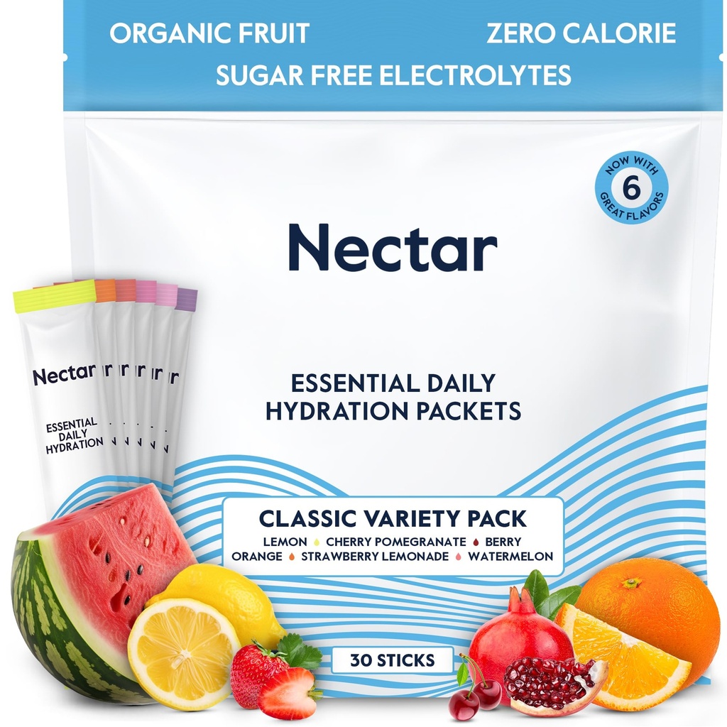 Embalajes de hidratación Nectar - Electrolitos Embalajes de polvo - Sugar Gratis > 0 Calorie - Electrolitos de fruta orgánica líquido diario IV Polvo para alivio de la deshidratación y rehidratación (Variety 30 Pack)
