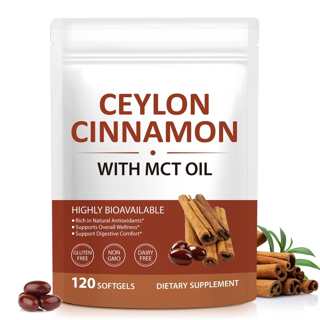 Acorn + Oak Ceylon Cinnamon Softgels with MCT Oil,Herbal Cinnamon Supplements for Daily Wellness Support,Non-GMO -120 Capsules