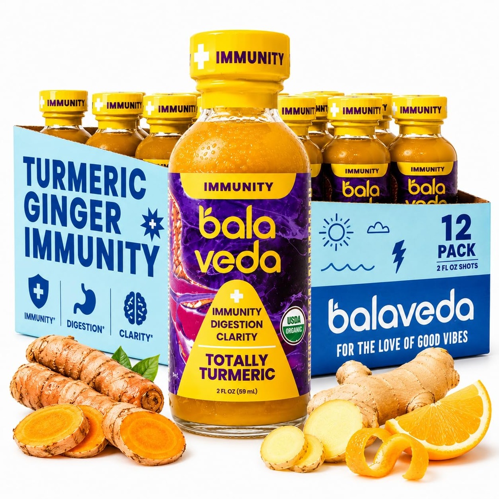 balaveda Totally Turmeric Immunity Shots Plus Detox Support - Organic Ginger Shots with Turmeric, Lemon, and Astragalus - Antioxidants and Anti-inflammatory support - 2oz Bottles (Pack of 12)