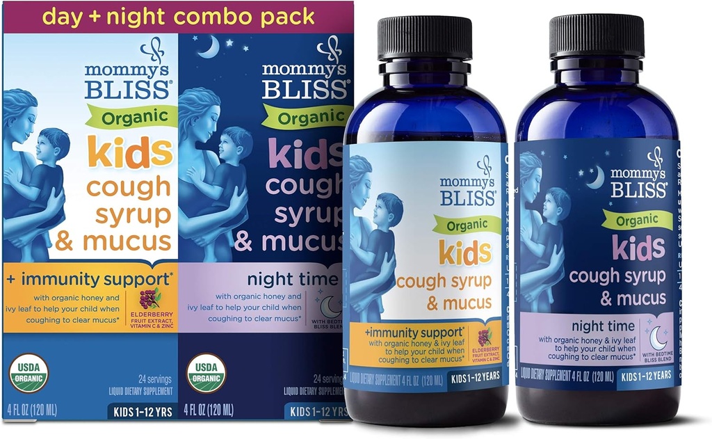Mommy's Bliss Organic Cough Syrup & Mucus for Kids, Day and Night Combo Pack with Vitamin C and Immunity Support, Contains Organic Honey and Ivy Leaf, 4 Fl Oz (Pack of 2)