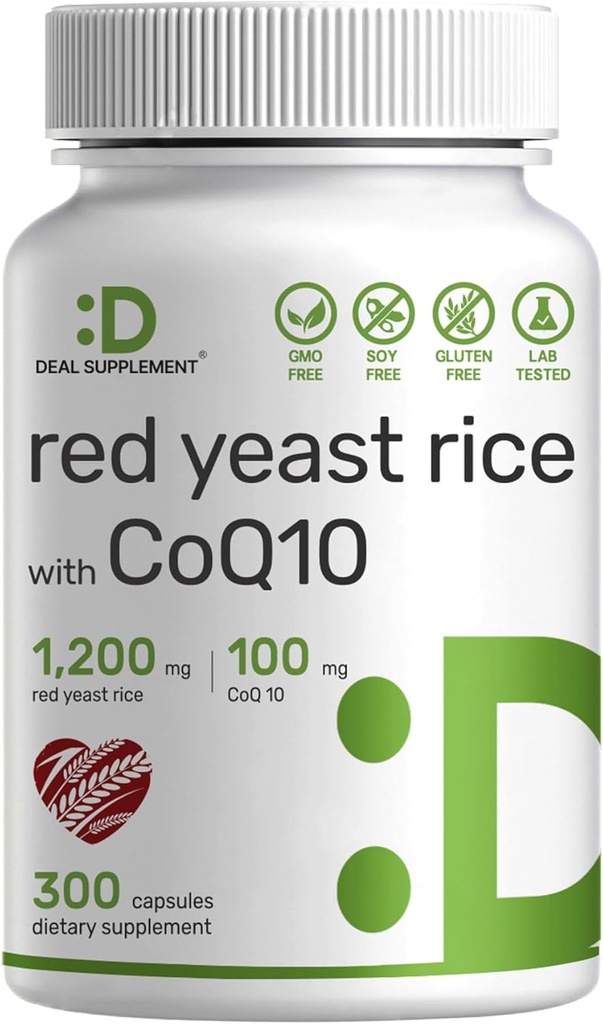Suplemento de la levadura roja 1.200mg Por Servir con CoQ10, 300 cápsulas – Apoyo antioxidante – Fuente de Polvo Monascus Purpureus – Citrinina libre, no GMO
