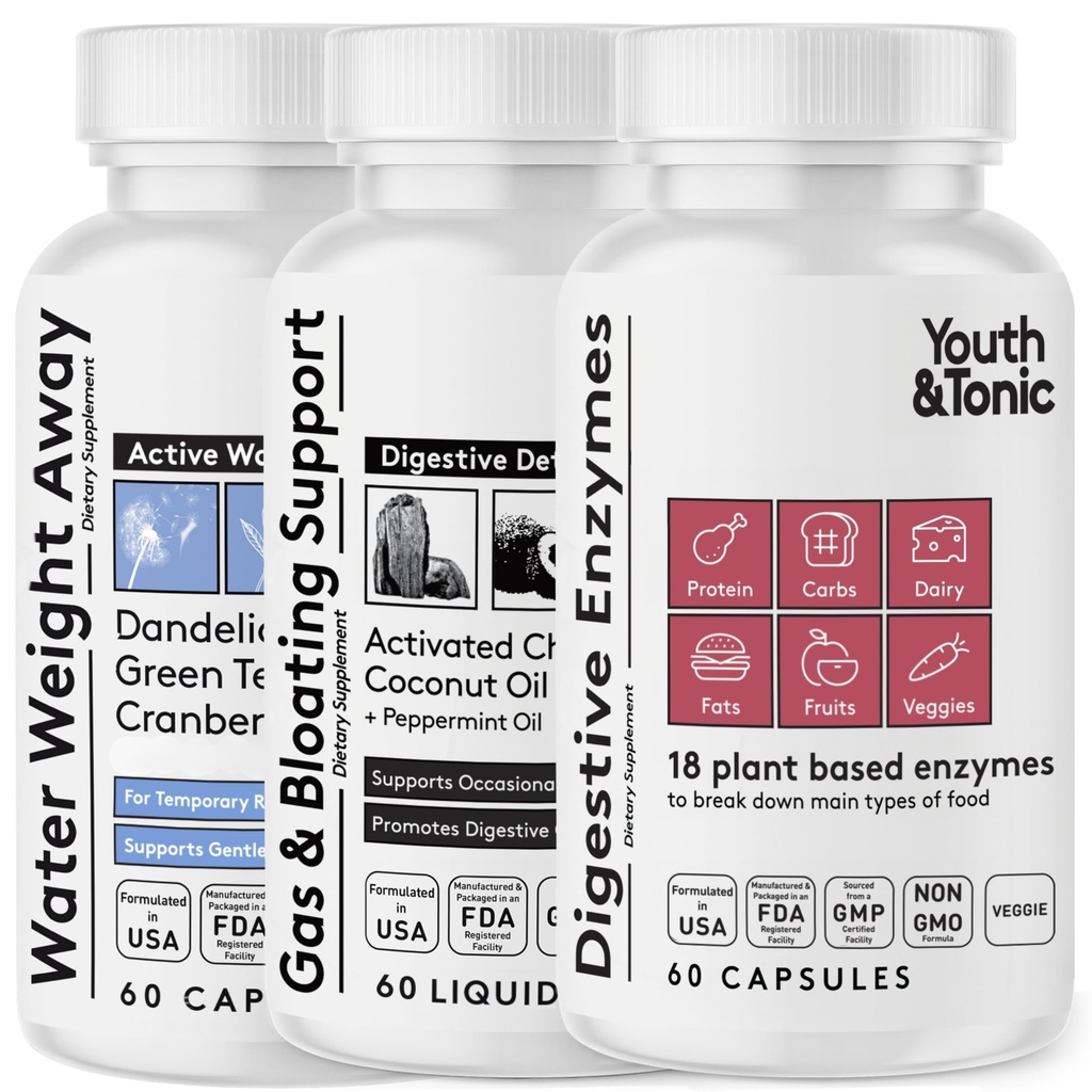 Youth & Tonic Gas and Bloating Support for Water Retention, Gas, and Food Digestion with Water Pills, Liquid Activated Charcoal, and Digestive Enzymes Bundle Pack