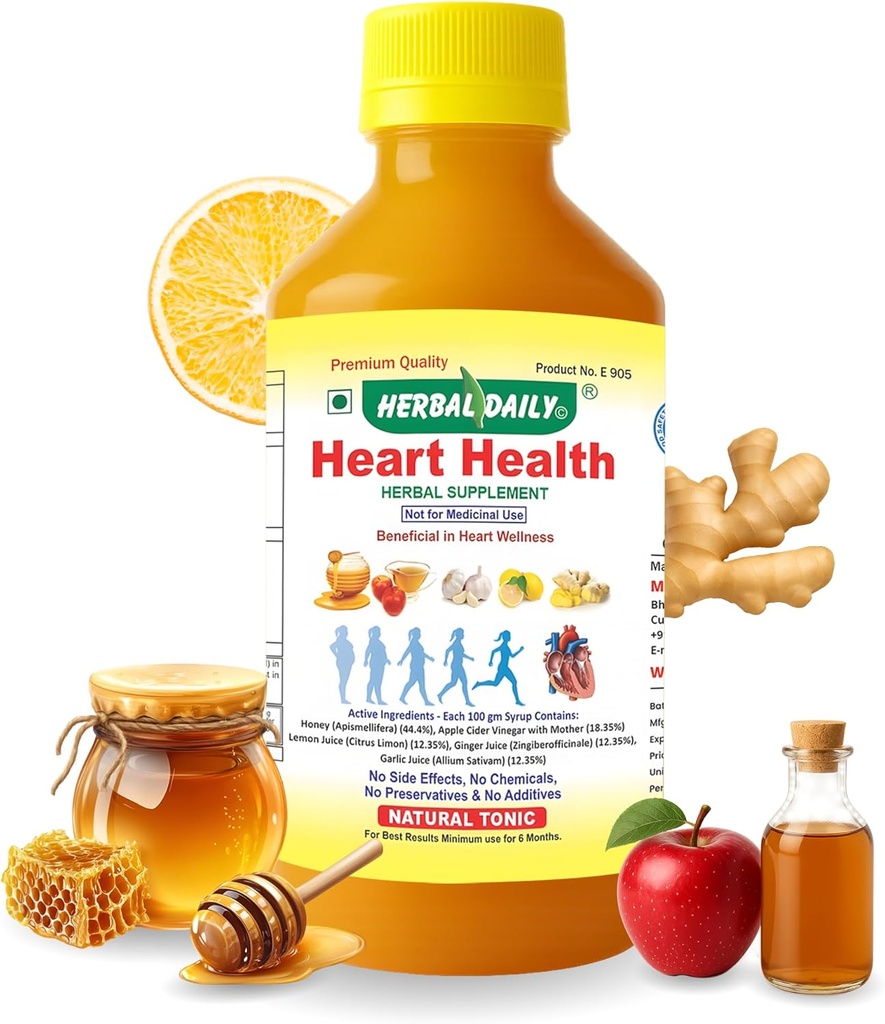 Heart Health 400 ml Dietary Supplement - Supports Heart Wellness and Lowers Cholesterol - Apple Cider Vinegar (ACV), Garlic Juice, Ginger, Lemon, and Honey - 1 Bottle