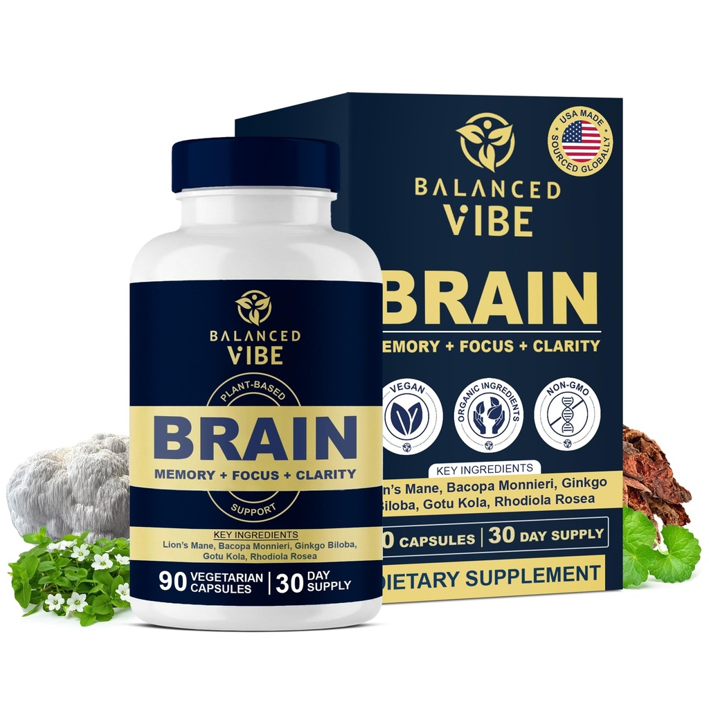 Balanced Vibe Brain Fórmula Silencio Orgánica Planta-Basada Nootropic for Focus, Clarity &amp; Memory ← Mane de los Leones Orgánicos, Ginkgo, Bacopa, Rhodiola, Gotu Kola