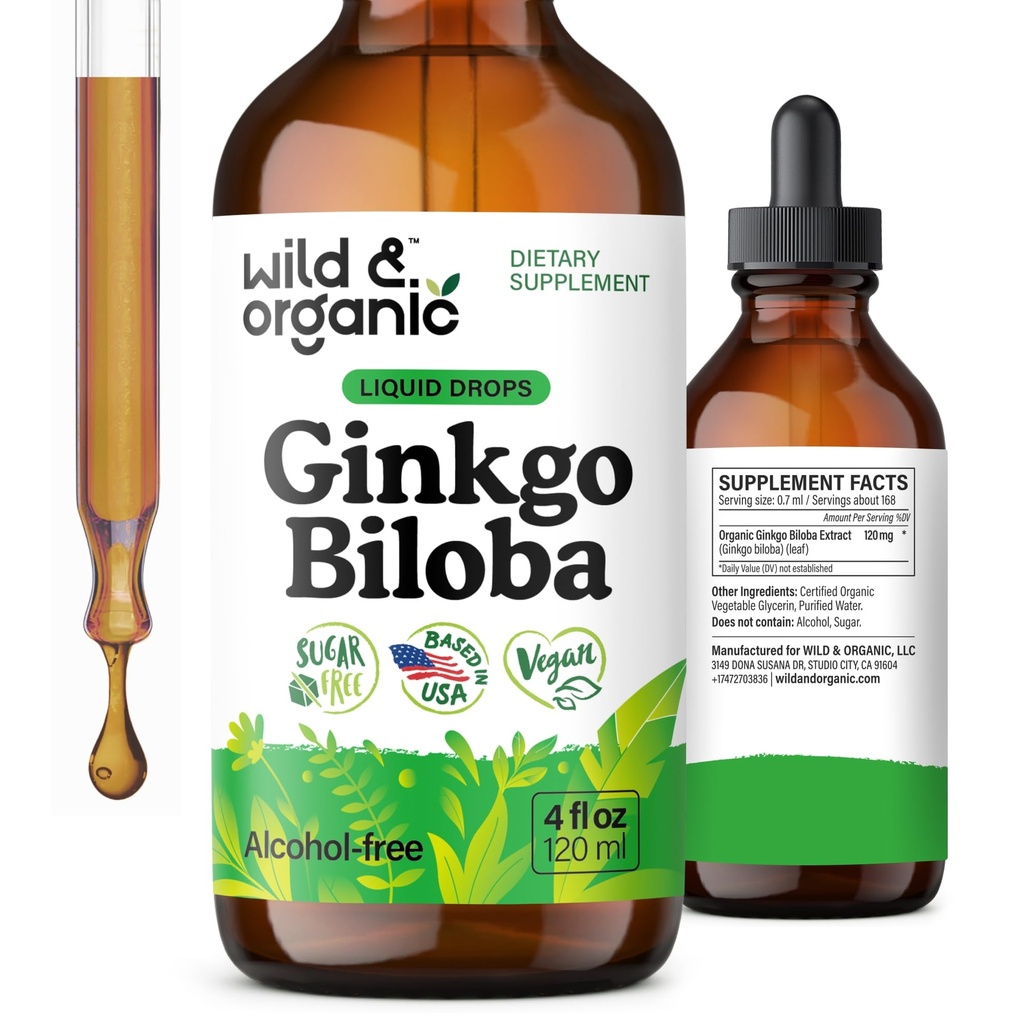 Wild & Organic Ginkgo Biloba Extract Drops - Brain & Focus Support - Liquid Ginkgo Biloba Supplements - Vegan, Sugar &amp; Alcohol-Free Herbal Tintura - 4 fl oz