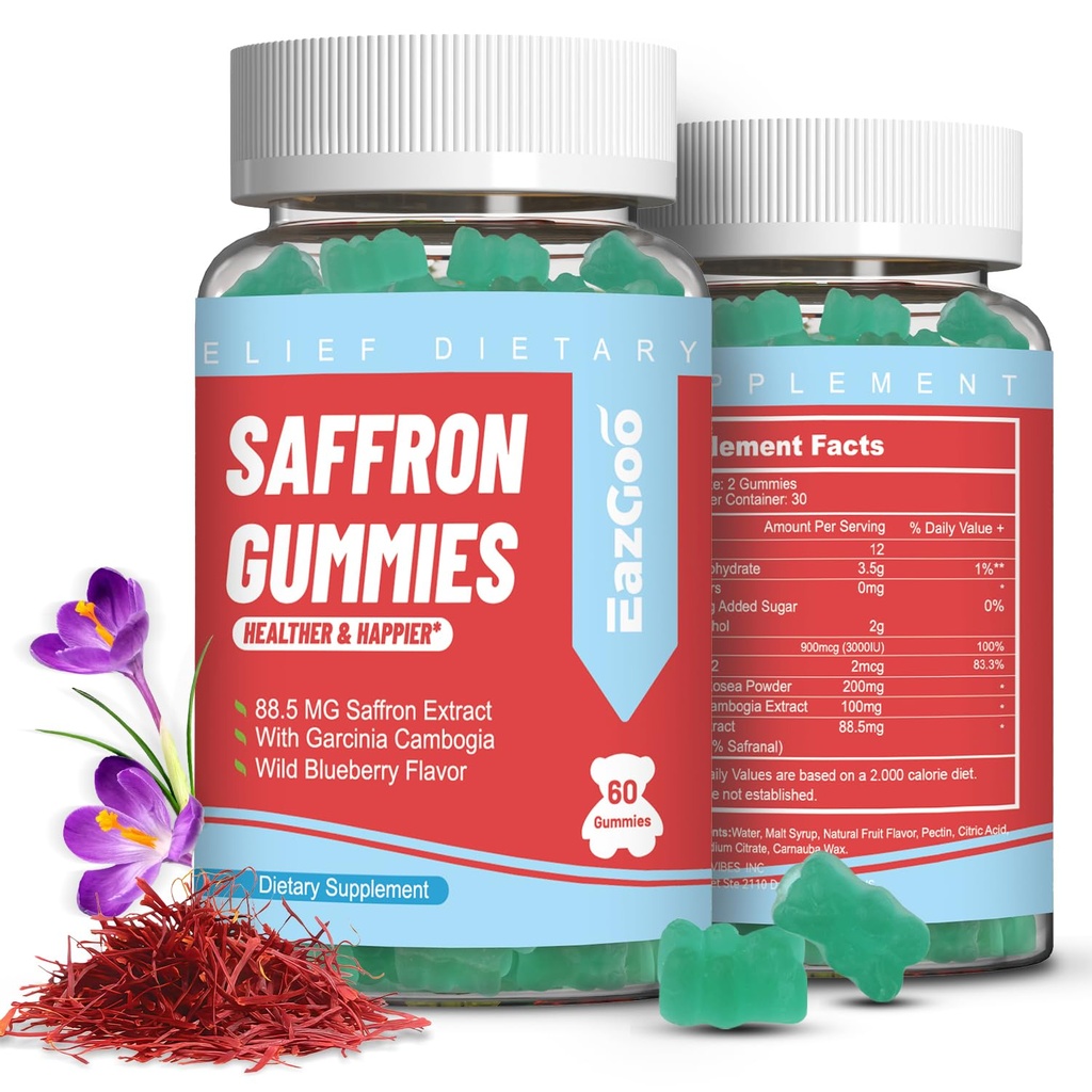 Saffron Supplements Gummies, Saffron Extract for Positive Mood & Calm Nerve, Boost Energy, with Garcinia Cambogia, Vitamin A, B12, Rhodiola Rosea - 120 Gummies