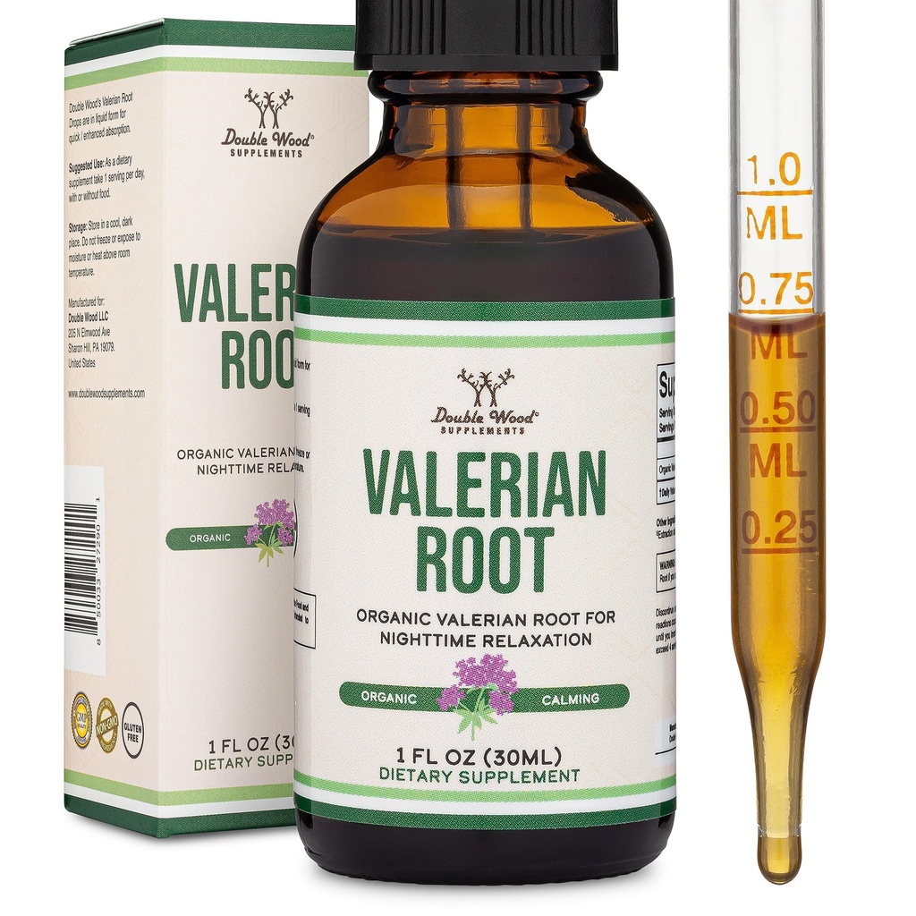Caídas de raíz valeriana para el sueño - Orgánica Valerian Root Tintura Extracto 168mg - 1 FL OZ, 30 Serviciones (Mejor Absorbed Than Capsules, Enhances Valerian Root Tea) para la relajación y la calma por madera doble