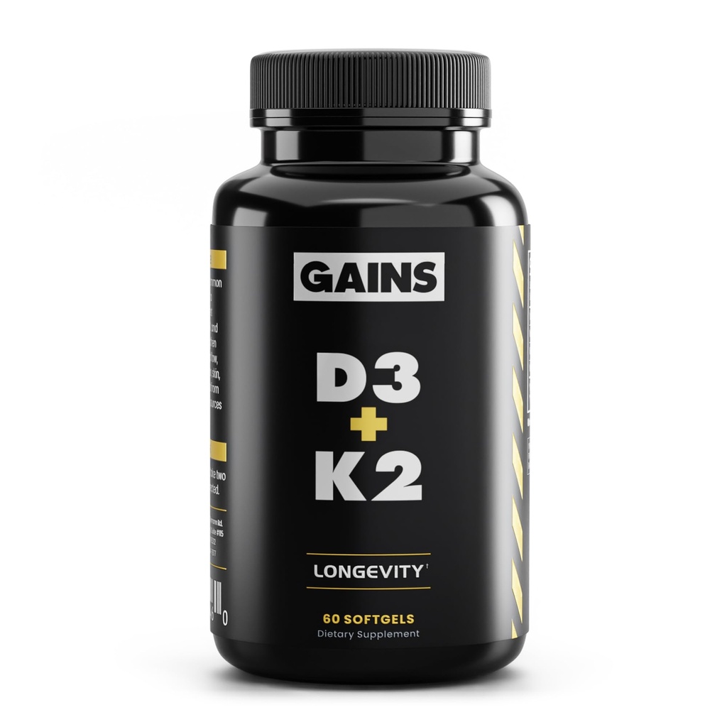 Gains in Bulk D3 K2 Supplement, Vitamin D3 5000 IU, Vitamin K2 100 Mcg, Vitamin A 5000 IU, Algae Oil with Omega 3, Wellness Support for Men & Women, Gluten Free, Vegan, Non GMO, 60 Softgels