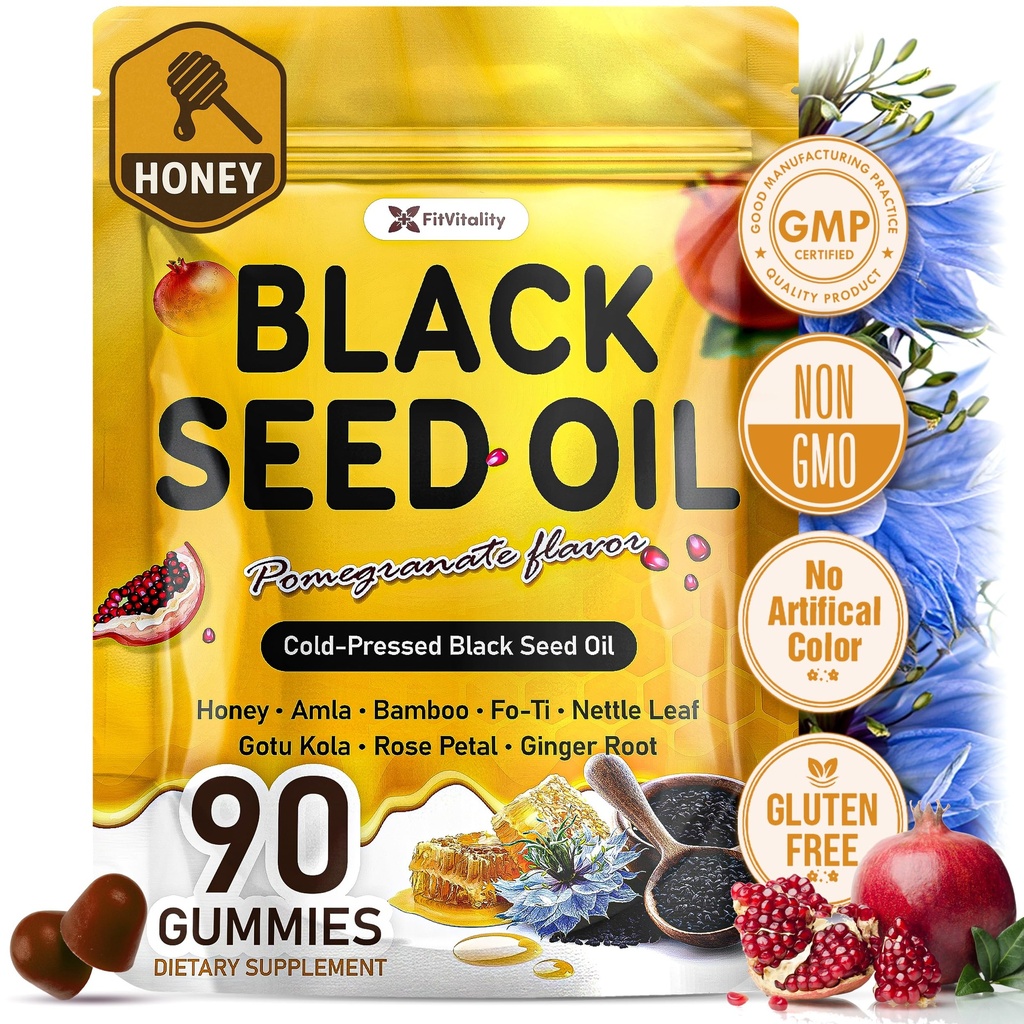 90 Black Seed Oil Gummies | 500mg Cold-Pressed Black Seed Oil, Amla, Bamboo, Fo-Ti, Nettle Leaf, Gotu Kola Extract | Vegan, Non-GMO Gummies | Hair, Skin & Nail Nourishment | Pomegranate Flavor