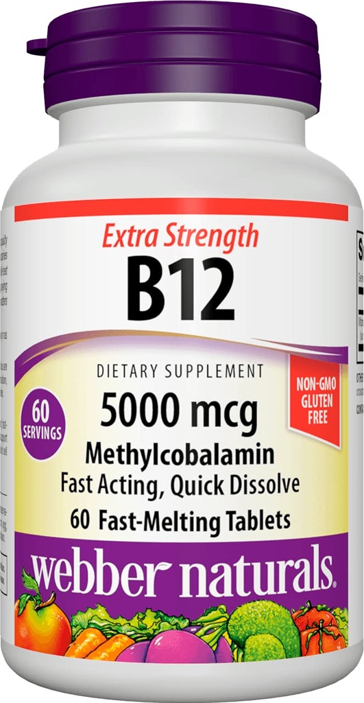 Webber Naturals Vitamina B12 5000 mcg, 60 cuenta, tablas de disuelve rápido, suplemento de vitamina Apoyo para el metabolismo energético, inmune y salud cardíaca, Fórmula vegetariana, 60 días de suministro