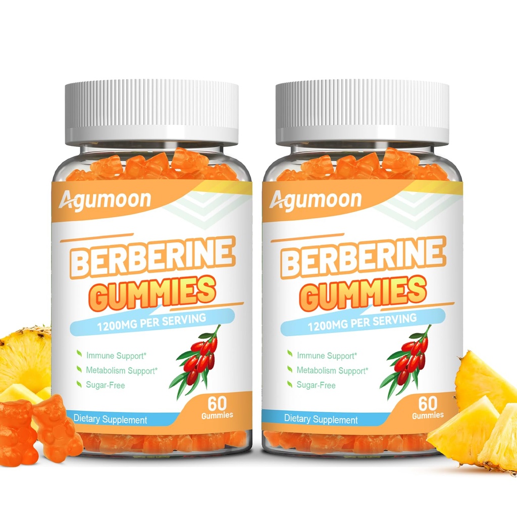 Berberine Gummies 1200mg, High Potency Berberine Supplement with Ceylon Cinnamon for Immune System & Metabolism Support, Sugar Free, Vegan, Pineapple Flavor, 120 Count
