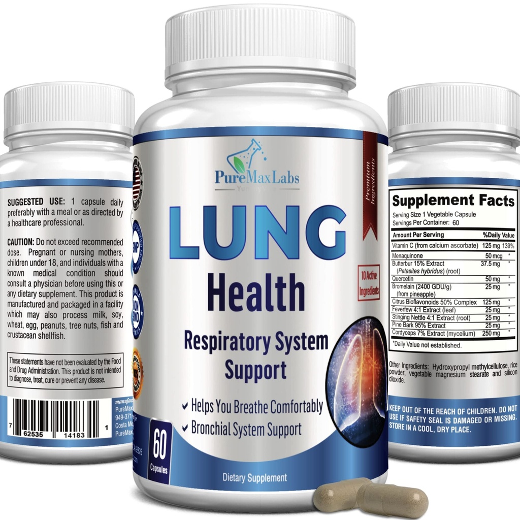 Suplemento de soporte de pulmón, Lung Cleanse & Lung Detox Fórmula, Lung Health Support for Clear Lungs, Cómodo Respiración, Bronchial Health, 60 cápsulas