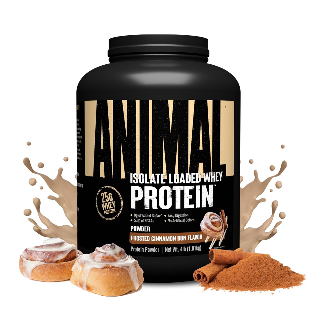 Animal Whey Isolate Protein Powder - Loaded for Pre & Post Workout Muscle Builder and Recovery with Digestive Enzymes for Men & Women - 25g Protein, Great Taste, Low Sugar - Frosted Cinnamon Bun 4 lbs