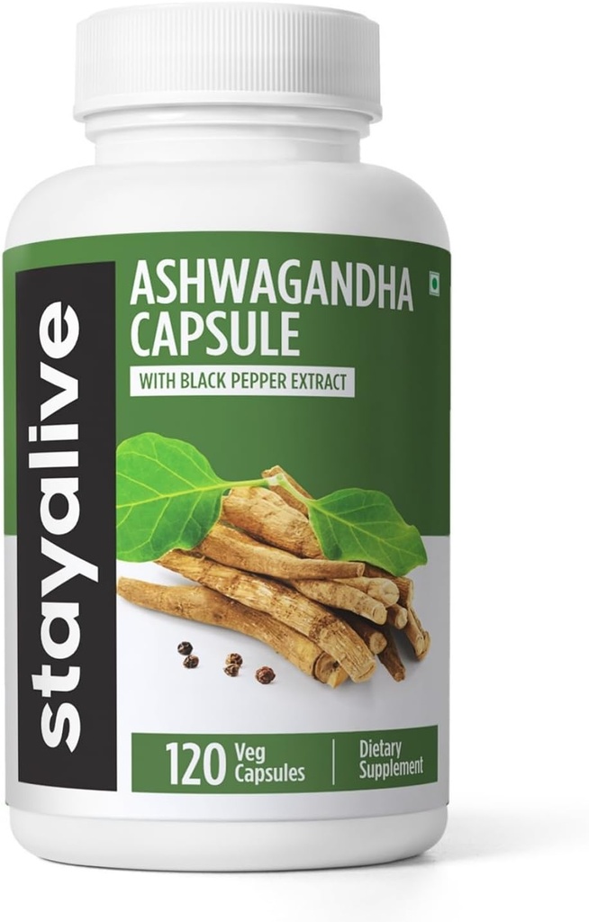 STAY ALIVE Ashwagandha with Black Pepper, 10:1 Extract, 120 Pills, 100% Pure Root Powder, Extra Strength Capsules, Non-GMO & Gluten Free Ashwagandha Supplements for Women and Men