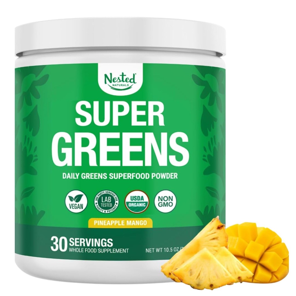 Nested Naturals Super Greens Daily Superfood Powder - Certified USDA Organic Green Powder w/Whole Foods, Spirulina, Wheat & Barley Grass - Probiotics, Fiber & Enzymes - Pineapple Mango, 30 Servings