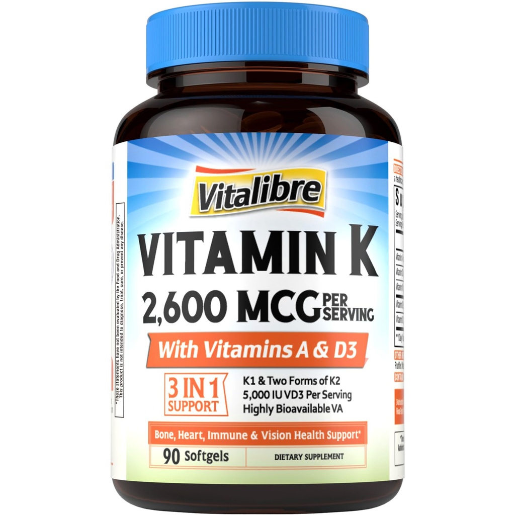 Vitalibre Vitamin K Complex, 2600 mcg K1 & K2 (MK-7 & MK-4), with Vitamin A & D3 5000 IU, Bioavailable, Full Spectrum, for Bone Strength and Heart Health, 90 Softgels