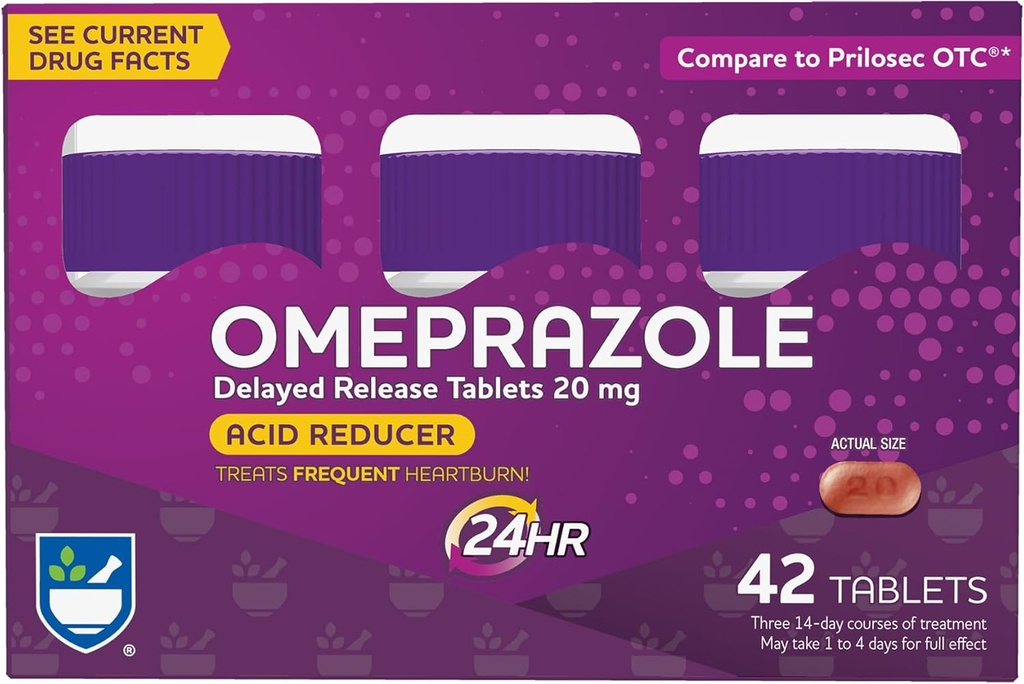 Rite Aid Acid Reducer Omeprazole Delayed Release Tablets - 20 mg, 3 Botellas, 14 Cuenta Cada (42 Cuenta Total), Desarrollado, Heartburn Relief, Heartburn Medicine, Treats Frequent Heartburn