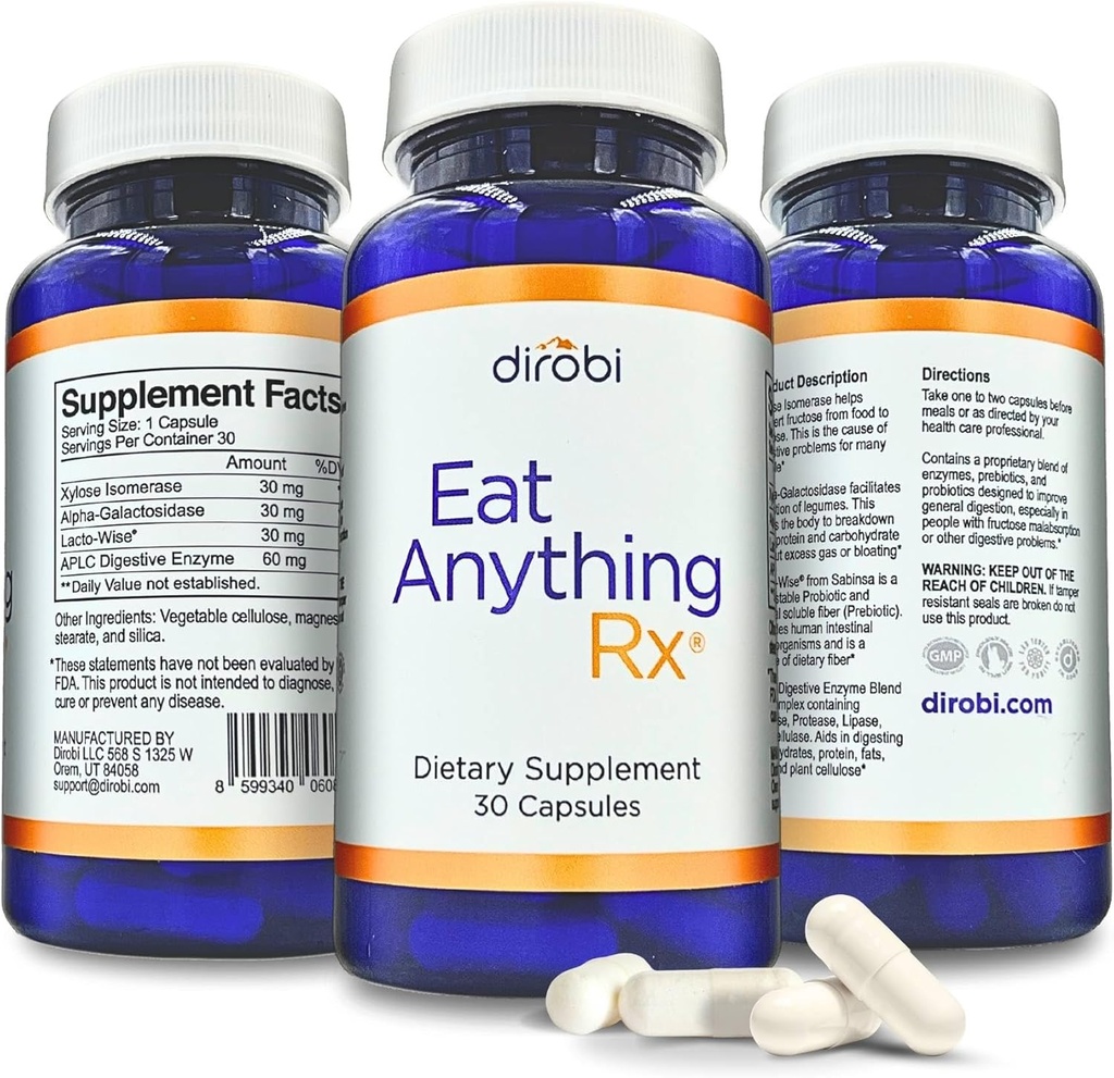 Dirobi Comer algo Xylose Fructose Malabsorption Enzymes, Suplemento FODMAP, Enzimas digestivas para una mejor lactosa, grasa, proteínas y carbohidratos Digestión Gas &amp; Bloating Relief 30 cápsulas