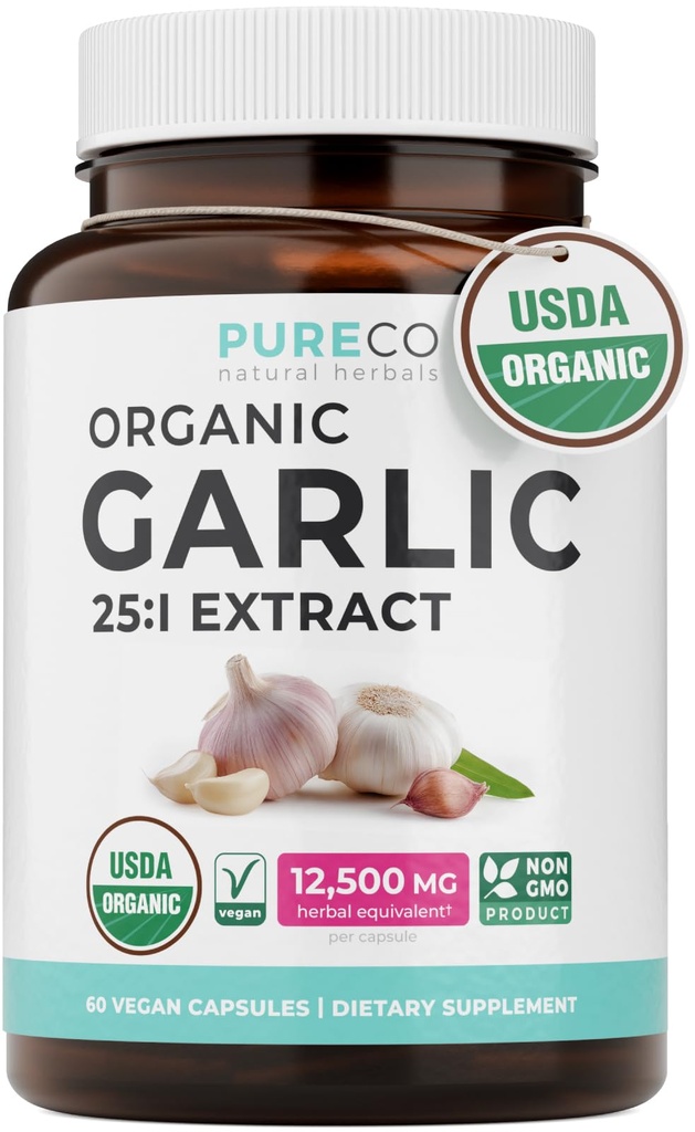 PURE CO USDA Organic Garlic Supplement - High Potency Organic Garlic 25:1 Extract 500mg Per 1 Capsule Serving - Immune & Heart Support - Odorless Vegan Garlic Pills & Non-GMO (2 Month Supply)