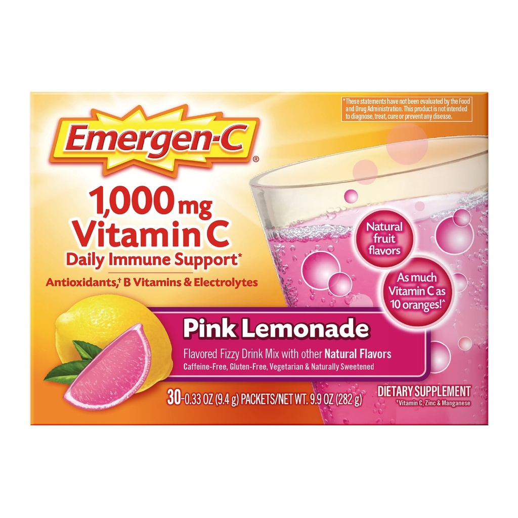 Emergen-C 1000mg Vitamin C Immune Support Powder Pink Lemonade 30CT includes Zinc, Manganese, 7 B Vitamins and Electrolytes for Back to School Essentials