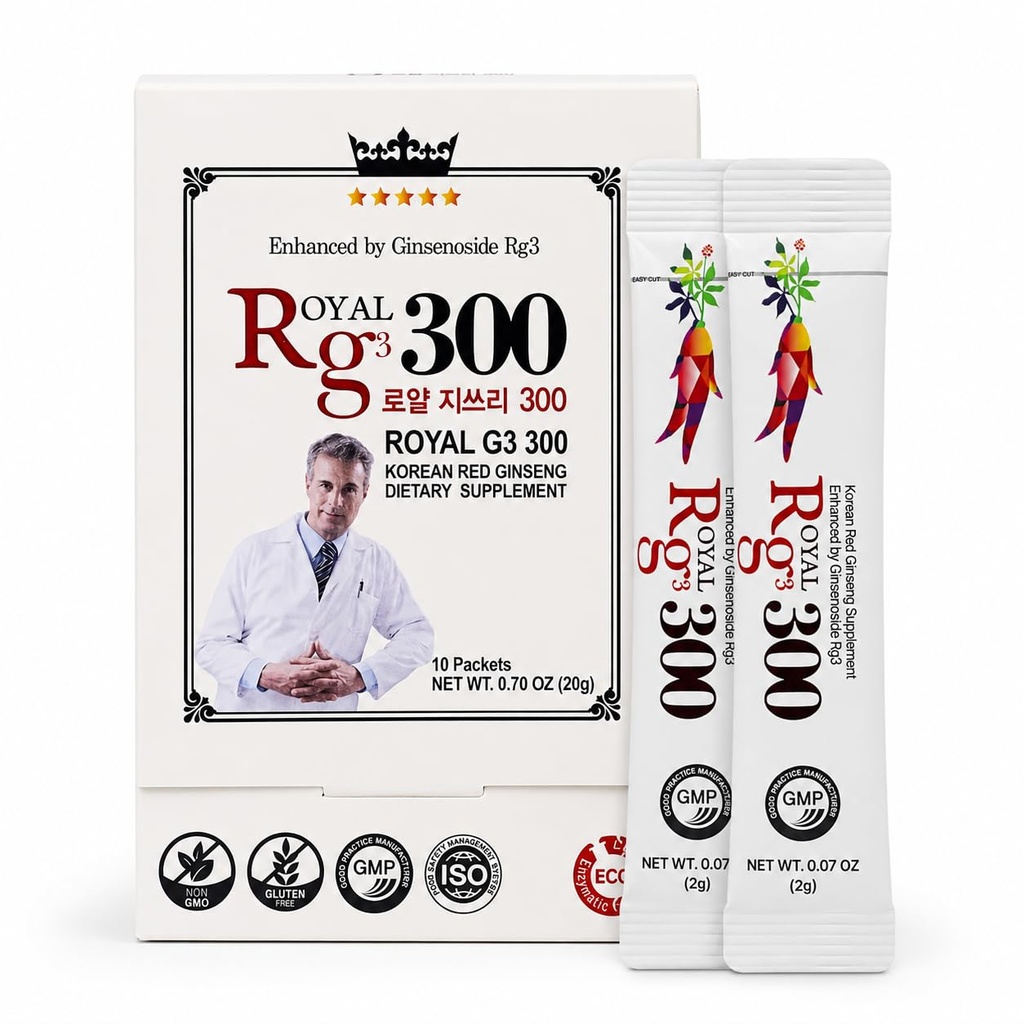 Premium RG3 300 Coreano Red Ginseng Powder - Ginsenosides mejorados (50mg Rg3/Sachet), Made in Korea, 10 Sachets
