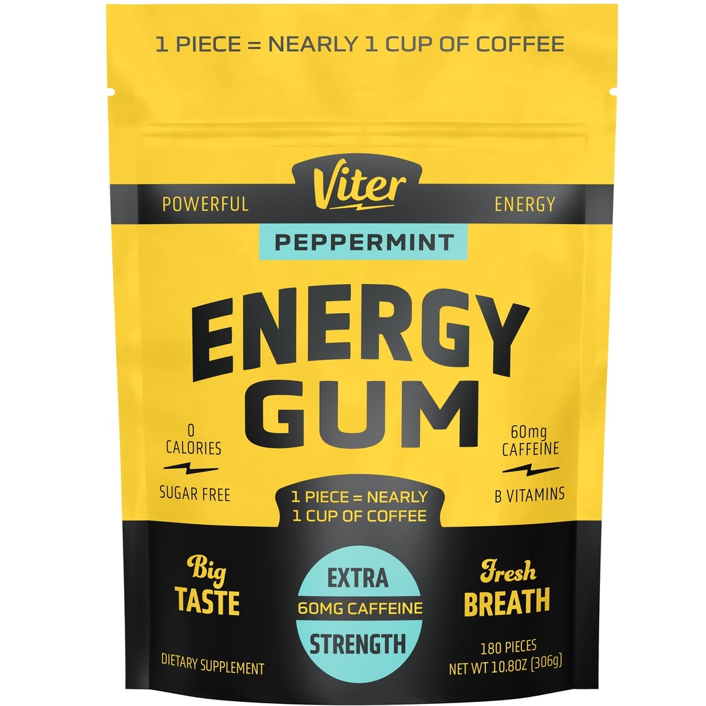 Viter Energy 60mg Caffeine Gum (Peppermint Flavor, 180 Pieces) - Sugar Free, Vitamin B3, B6, B9, B12, Zero Calories, Caffeinated Energy Chews, Nootropic Focus Supplement for Men & Women
