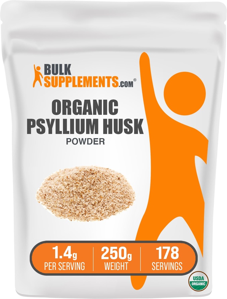 BulkSupplements.com Organic Psyllium Husk Powder - Psyllium Husk Powder for Baking, Fiber Supplement - Gluten Free, 1.4g per Serving, 250g (8.8 oz) (Pack of 1)