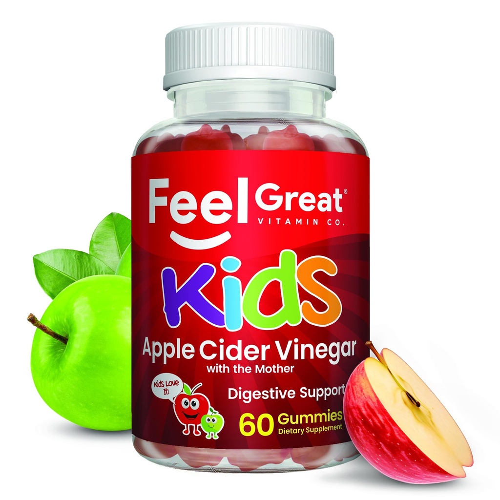 Feel Great Apple Cider Vinegar Gummies for Kids | Rich in Digestive Enzymes & Natural Antioxidants for Gut Health | Vegan Gummy Supports Healthy Nutrient Absorption | 60 Day Supply