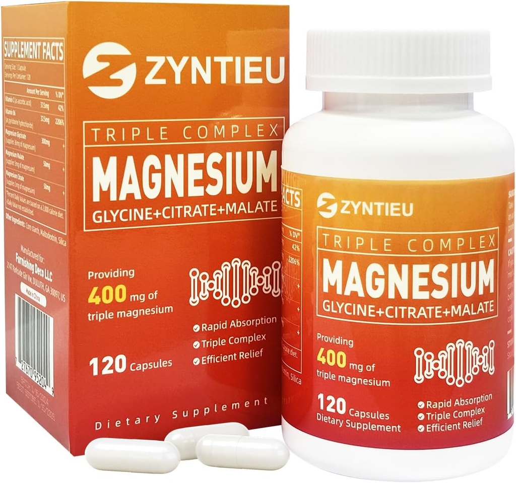 Complejo de magnesio triple ← 400mg de magnesio Glycinate, Malate " Citrato para los músculos, Nerves " Energy TENwith Vitamin C,B6 for High Absorption  for Women " Men(120 Capsules)