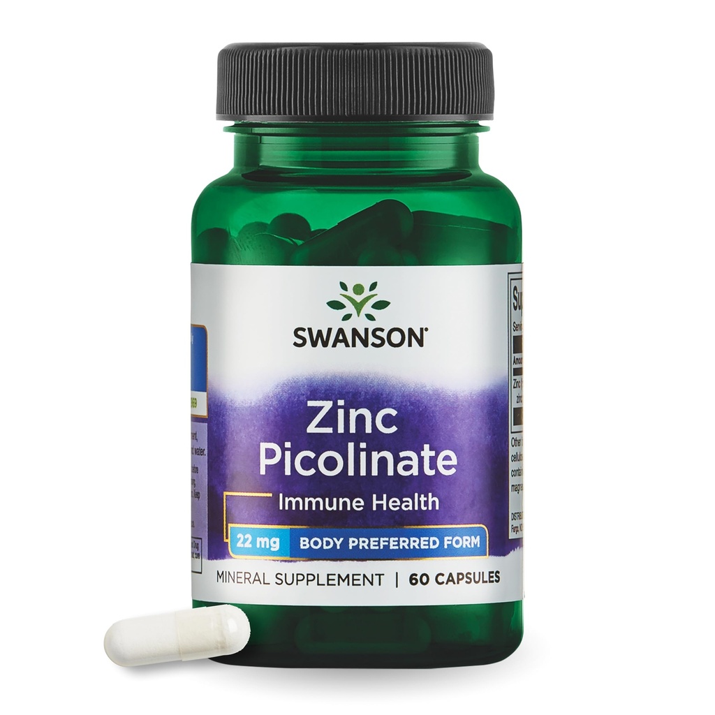 Swanson Zinc Picolinate Suplemento Mineral Chelated para adultos que buscan inmuno, visión y apoyo a la próstata - Forma preferida por el cuerpo - 22 mg (60 cápsulas Vegan)
