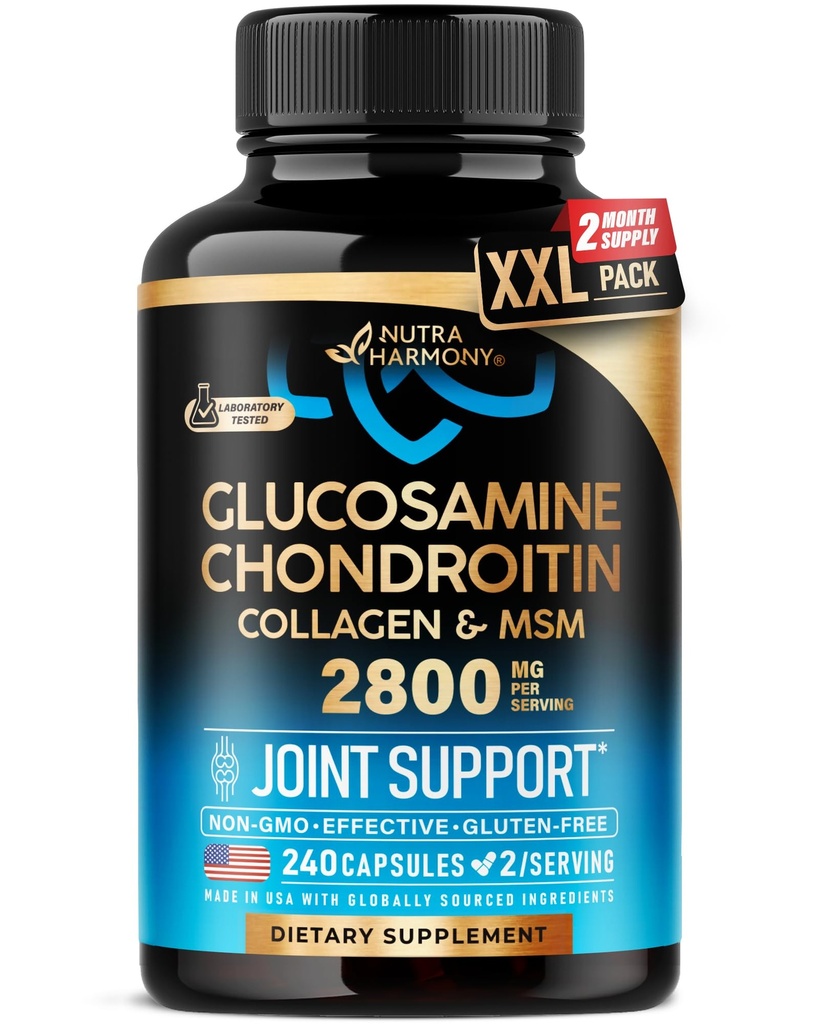 Glucosamine Chondroitin MSM Collagen ← Soporte Conjunto Suplemento 2800 mg Silencio Hecho en EE.UU. Silencio FSA Aprobado Artículos de producto Silencio Flexibilidad Vitaminas Nutricionales Silencio para Hombres &amp; Mujeres, 240 cápsulas