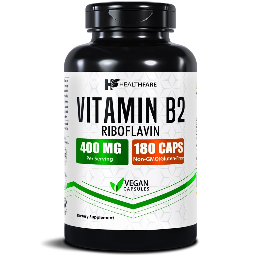 Healthfare Vitamin B2 Riboflavin 400mg | 180 Vegan Capsules | High Potency | Non-GMO | Gluten-Free | Made in USA