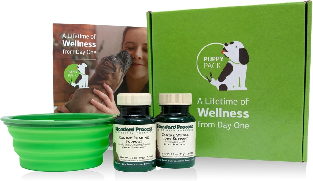 Standard Process Puppy Pack - Canine Immune & Whole-Body Support Powder Suplementos - Kit de soporte para cachorros con Canine Whole Body Support & Canine Immune System Support - Incluye la boina de agua plegable