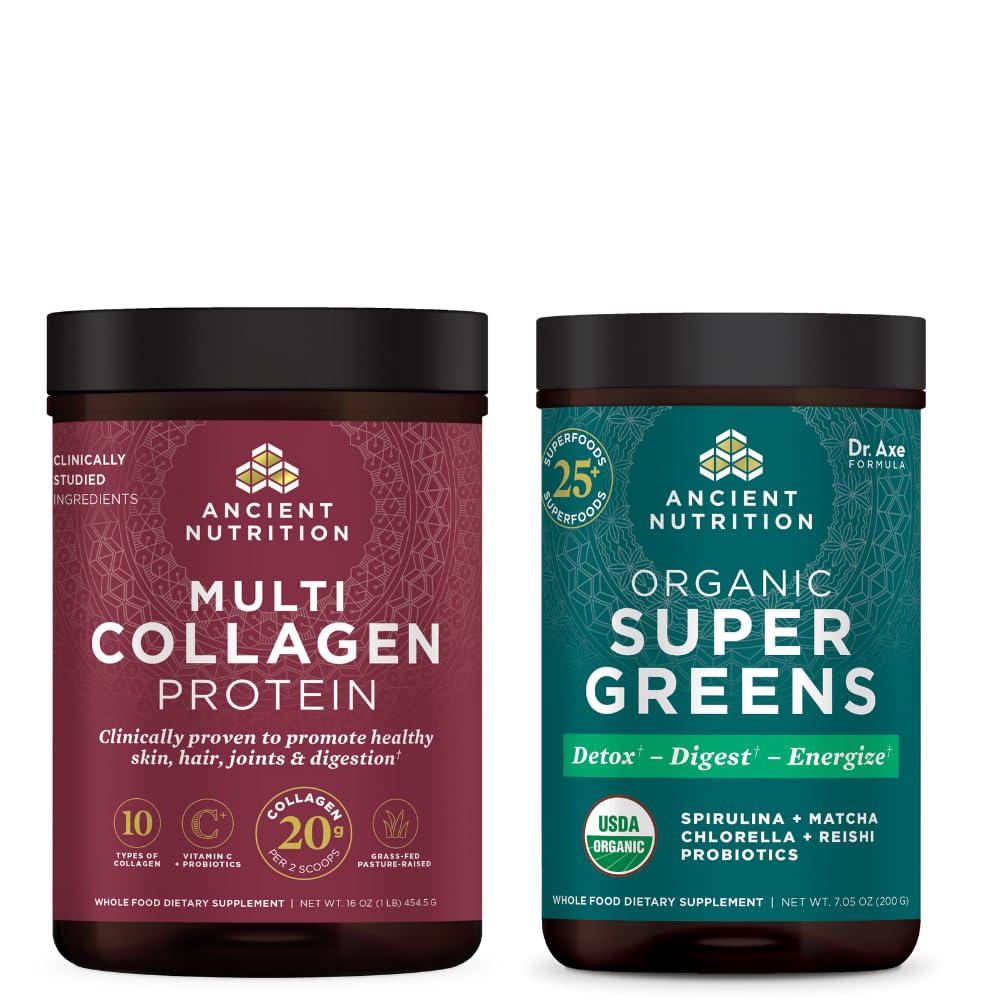Antigua Nutrición Orgánica SuperGreens Polvo, 25 Serviciones + Multi Collagen Proteína Polvo, Desflavorado, 45 Servimientos