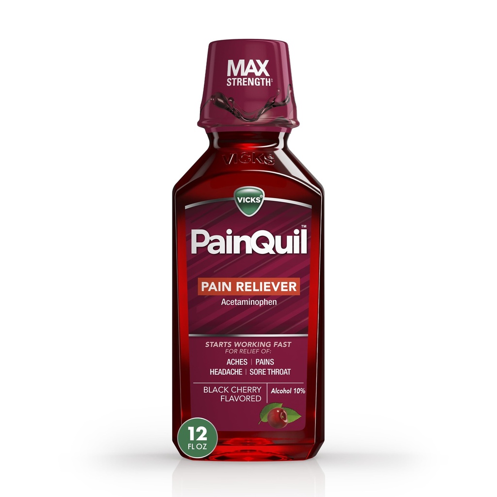 Vicks PainQuil Pain Relief Acetaminophen 1000mg Max Strength‡ Adult Pain Reliever Liquid 12oz, Backache Headache Relief, 1 Daytime Pain Reliever